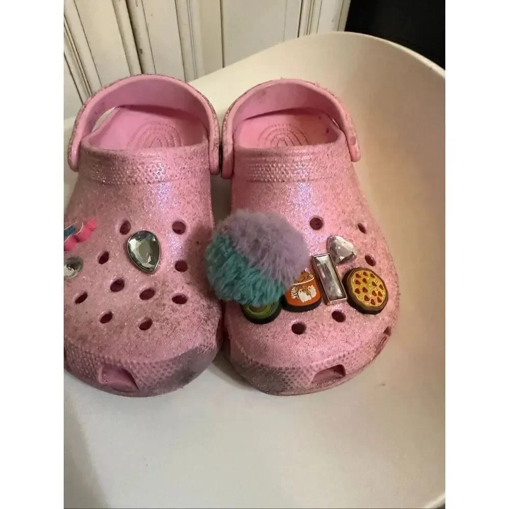 Crocs Girls Glittered Jibbitz Classic Clog Sandals Pink Size 4